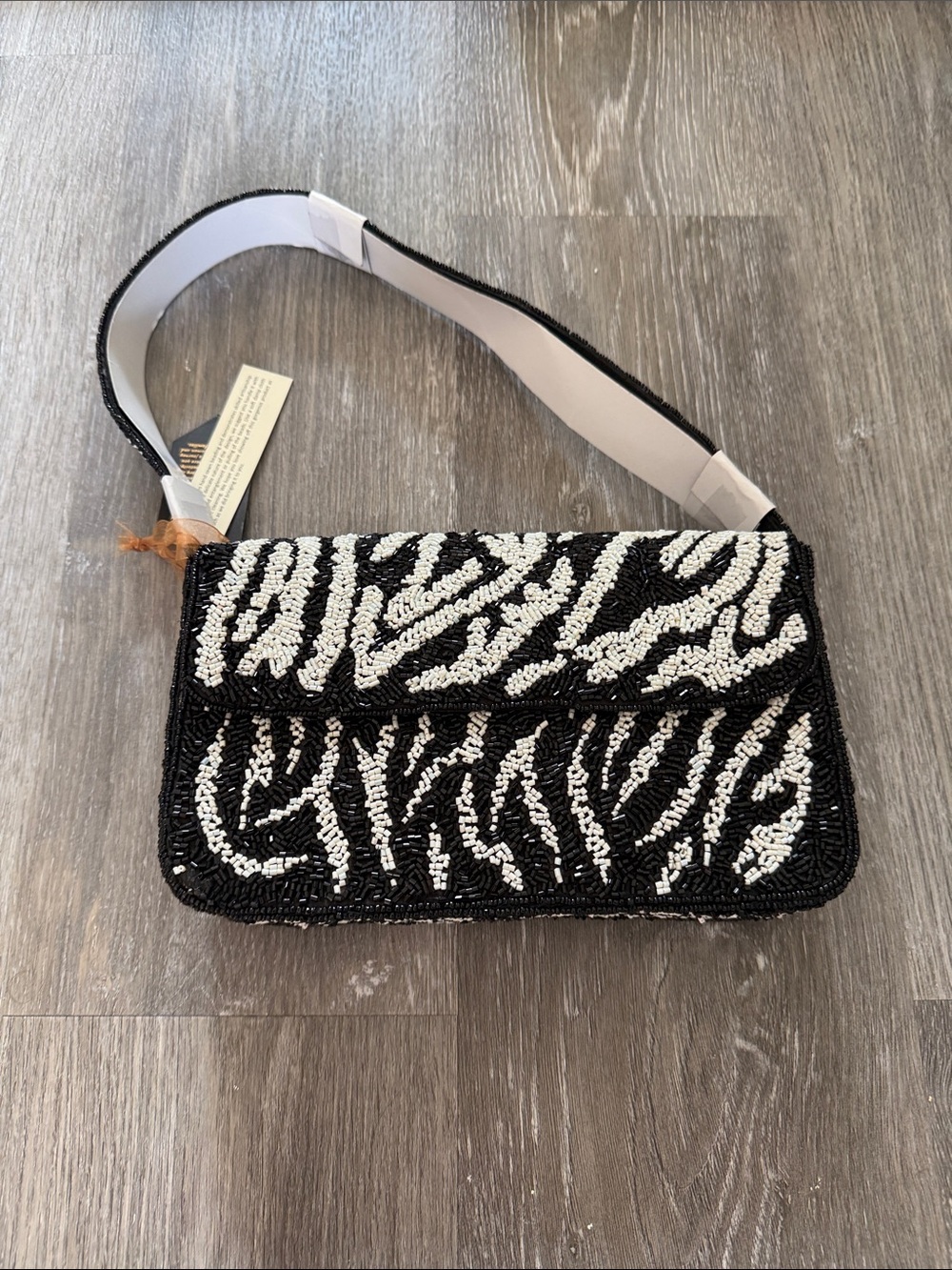 Beaded Zebra-Pattern Shoulder Bag in Black & White